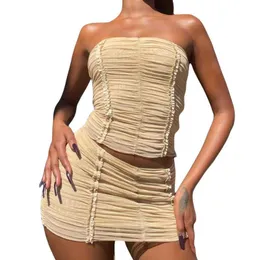 Zweiteiliges Kleid, 2-teiliges Damen-Anzug-Rock-Set, Sommer-Outfit, Kleidung, einfarbig, gerüschte, trägerlose Oberteile + Rock-Set mit niedriger Taille für Damen P230517