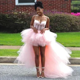 Pink High Low Spaghetti Strap Prom Dresses Ruffles Tiered Kirt Homecoming Party Gown Front Short Back Long Celebrity Vestidos