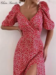 기본 캐주얼 드레스 여름 섹시한 플로럴 프린트 여성 미디 드레스 V- 넥 퍼프 슬리브 사이드 스플릿 스플릿 패션 사무실 레이디 파티 멍청이 230518
