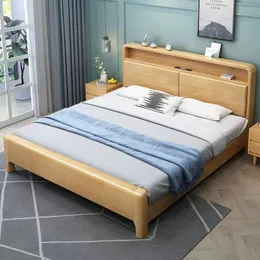 Кровать с твердым деревом скандировкой, двойной 1,8 метра, одиночный 1,5 метра, современное и простое хранение маленького блока, свадебная кровать, ночной свет 1.2