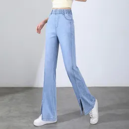 Jeans de seda gelo feminino 2022 verão fino cintura alta casual calças largas perna azul lavado dividir calças retas jeans para mulher