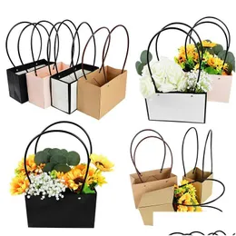 Presentförpackning Portable Flower Box Waterproof Paper Handy Bag Kraft Boxes Party Florist Rose Package Bags Cake Candy Handbaggift Dhoqy