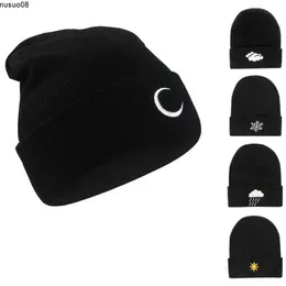 Beanie/Kafatası Kapakları Kış Hip Hop Şapkası Örme Şapka Yaratıcı Beanies hava nakış örgü kafatası başlıkları güneş ayı kar tanesi bulut Koreli siyah şapkalar j230518