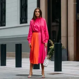 スカートChique Long Saias Mujer Faldas Satin Band Zip A Line Fuchsia and Orange Custom Skirt Midi 2023