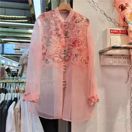Women's Blouses Loose Pink Organza Shirt Women 2023 Summer Design National Style See-through Sequined Sun Protection Coat Embroidery Blouse