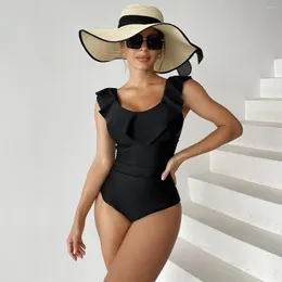 Damenbadebekleidung Sexy Rüschen Einteiliger Badeanzug Frauen Solide Plus Größe 2XL Monokini Plissee Push Up Badeanzug Pad Jersey