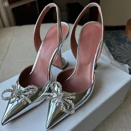 Begumskor kristall-embellished sier spegel ansiktspumpar slingbacks spole klackar sandaler för kvinnors designers klär skon kväll klackade storlek 35-42