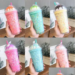 Mugs Ice Cream Lids Plastic Water Cups With St Kids Couple Milk Juice Drinks Bottles Doublelayer Mug Drop Delivery Home Garden Kitch Dhgit