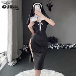 Seksowna set OJBK NUN ROLE PLAY DEAśna Cosplay kostium Kombinezuj Kobiety Seksowna bielizna sukienka anime zakonnica Halloween Czarny Hollow Passion Mundlid L230518