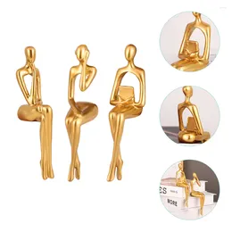 Decorative Flowers 3 Pcs Decor Home Thinking Man Statue Golden Thinker Abstract Accents Resin Action
