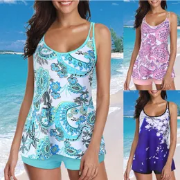 Kvinnors badkläder 2023 Kvinnors stora storlek Split Swimsuit Flower Print Vest Conservative Tankini Tvåbit Set Surf Beachwear Summer