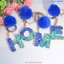 New A-Z Sequin Filled Resin Initials Keychain with Blue Pompom Pendant for Women Purse Bag Accessories Car Key Rings Jewelry Gifts