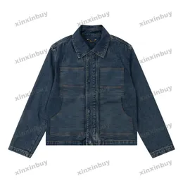 xinxinbuy Men designer Coat Jacket Hooded Letter emboss Panelled denim sets long sleeve women blue black S-XL