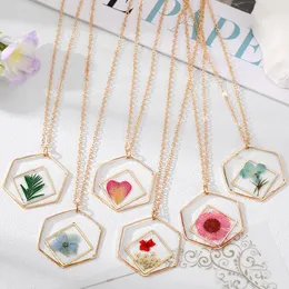 Pendant Necklaces Hexagon Natural Real Dried Flower Leaf Necklace For Women Unqiue Geometric Immortal Floral Plant Party Wedding Jewelry