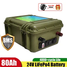 24V 120Ah 80Ah LiFepo4 Lithium Iron Battery Pack 4000 Times for Solar System Inverter RV Motorhome Boat+10A charger