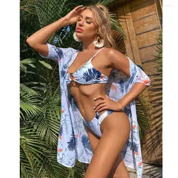 Women's Swimwear Leaves Print Spaghetti-Neck Bralette Hipster Beach Bikini Gathering String Straps Sexy Hollow Pool Fit Chic Chiffon Blouse