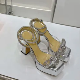 Дизайнерские сандалии MACH Классические туфли Боути Толстый каблук Двойная водонепроницаемая платформа Горный хрустальВечерние женские туфли на высоком каблуке с запахом по щиколотку с коробкой