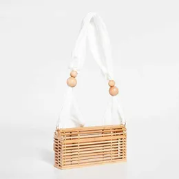 Evening Bags 2023 New Bamboo Beach Women Vintage Wooden Beaded Hand Woven Cover Straw Ladies Casual Basket Shoulder Holiday 230427