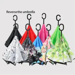 Umbrella reversa simples à prova de vento dobrar dupla camada invertida Rain Umbrella Stand Inside Out Rain Protection C-HOK Hands i479