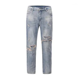 Mäns jeans harajuku streetwear tvättat hål för män rakt frsa oroliga männens denim byxor hip hop lossa penna byxor