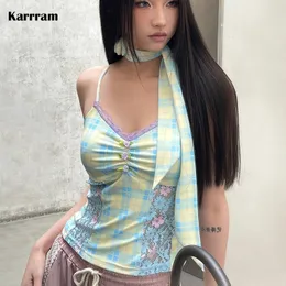 Camisoles Tanks Karrram Fairycore Lace Patchwork Camisole Y2K Eesthetics Plaid Cami Top Scarf Sets Japanese Harajuku Halter Top Fairy Grunge 230518