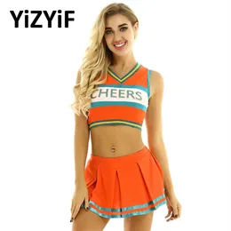 Cheerleading Women Cheerleader Costume Cheer Uniform Suit Cosplay Rave Outfit V Neck Sleeveless Crop Top med mini veckad kjol F274U