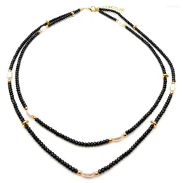 Choker 2 Rows Natural Genuine Faceted Rondelle Black Onyx Cultured White Freshwater Pearl Necklace 17" For Women