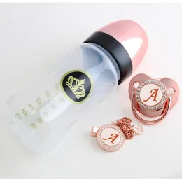 Baby Bottles# 240ml Rose Gold Baby Bottle And Pacifier Set With Chain Clip 26 Letters Bling Pacifier Kit BPA Free 230517