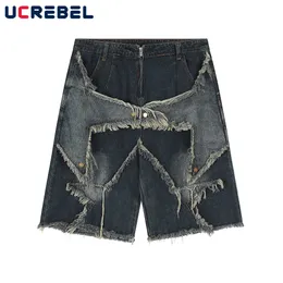 Mäns jeans high street fempointed stjärna lapp denim shorts mens sommar lös hiphop rå kant knälängd 230517