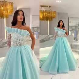 One Shoulder Prom Dresses 2023 Arabic Pearls Long Sleeve Evening Gowns Chic Women Tulle Light Green Party Dress