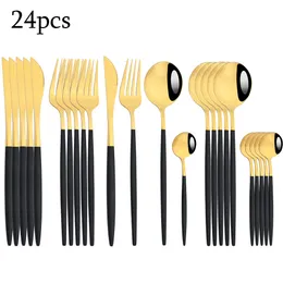 Servis uppsättningar AJOYOUS 24 CUTLERY SET Kök spegel rostfritt stål bestick svart guld middagar knivgaffel pläterad diskmaskin säker 230518