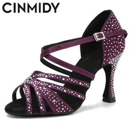 Dance Shoes CINMIDY Latin Dance Shoes Woman Satin Rhinestones Soft Bottom Party Dance Shoes Salsa Dancing Shoes Ladies Wedding Sandals 7.5cm 230518