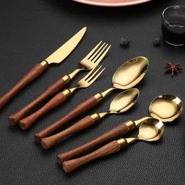 플랫웨어 세트 7pcs/set cutlery stainless tameware 나이프 포크 스푼 황금 로즈 우드 핸들 인체 공학적 서부 스타일 식도