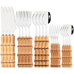 Dinnerware Sets Western Flatware Set 4/20Pcs Knife Tea Fork Spoons Tableware Stainless Steel Cutlery Set Natural Bamboo Handle Dinnerware Set 230518
