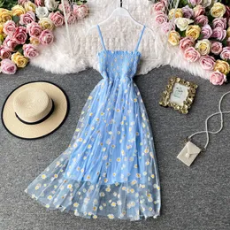 Grundläggande avslappnade klänningar JMPRS Summer Beach Mesh Floral Dress Women Vintage Elegant Sexy Sundress Woman Party Night Korean Kawaii Vestidos 230518