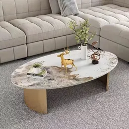 Mesa de chá oval de placa de pedra de luxo leve, simples e moderna, celebridade da Internet, móveis de design, mesa de chá, sala de estar, mesa de chá doméstica