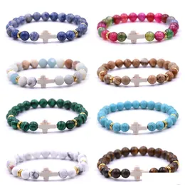 Beaded Fashion 8mm Natural Stone Strand Cross Charms Armband för kvinnor Elasticitet Yoga Bangle Men smycken Drop Delivery Dhgarden Dhrxa