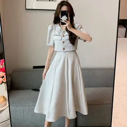 Tvådelt klänning liten doftande ny sommarmode koreansk söt elegant 2 bit set kvinnliga kappa topp + midi kjol kostymer kvinnor två peice set p230517