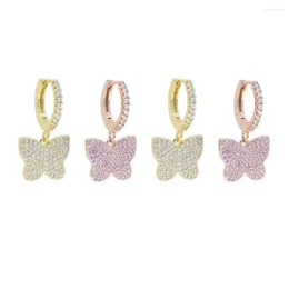 Dangle Earrings Micro Pave Cubic Zirconia White Pink CZ Butterfly Charm Drop Earring