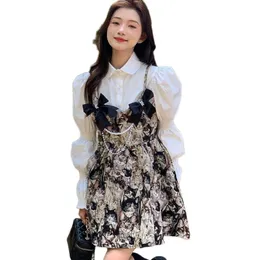 Women's cute white puff long sleeve blouse and cat painting print bow spaghetti strap dress 2 pc dress set ball gown suit SMLXLXXL