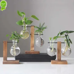 Ny Hydroponics Glass Vase Plant Glass Container Transparent Vase med trähylla Desktop Plant Home Office Decoration