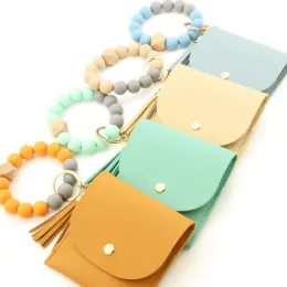 Silicone Beads Bracelet Keychain Ring with Wallet for Women Key Chain Bangle with Tassel Keychain Wristlet Strap Card Holder