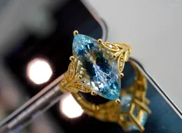 Cluster-Ringe von SX Jewellery, massives 18-karätiges Weißgold, natürliche 4,18 ct blaue Aquamarin-Edelsteine für Frauen, edle Schmuckgeschenke
