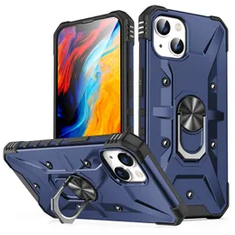 Defender Kickstand Phone Cases für iPhone 14 Plus 13 Pro Max PC TPU Hybrid 360 Grad drehbarer Ring magnetische Anti-Rutsch-Abdeckung Marineblau