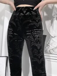 Capris 2022 New Mall Goth Flocking Velvet Women Pants Women Dark Gothic Harajuku Streetwear High midje Slim Eesthetic Skinny Leggings