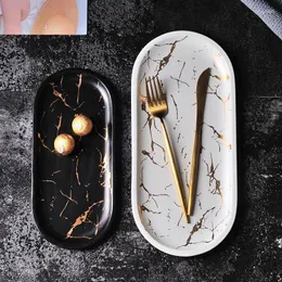 Plates LingAo Nordic Wind Marble Rectangular Ceramic Plate Irregular Western Sushi Household Tray Jewelry