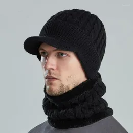 Hats Scarves Gloves Sets Men Winter Beanie Hat Scarf Neck Warmer Set Fleece Lined Ribbed Knit Visor Brim Knitted Baseball Sun Cap Ear Flap