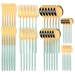 Zestawy naczyń stołowych 48PCS Mint Gold Tutlery Zestaw lustrzany stal ze stali nierdzewnej deser deser noża owocowe widelec do kawy łyżka stołowa stolika stołowa 230518