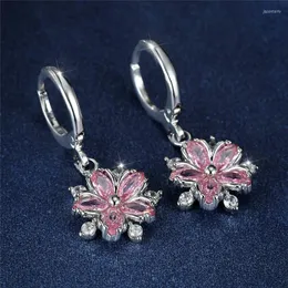 Hoop Earrings Luxury Female White Pink Zircon Stone Crystal Small Flower Silver Color Wedding For Women