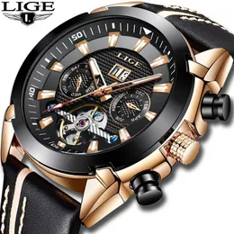 Wristwatches Sport Mechanical Watches LIGE Mens Business Leather Automatic Watch Men Military Waterproof Clock Montre Homme